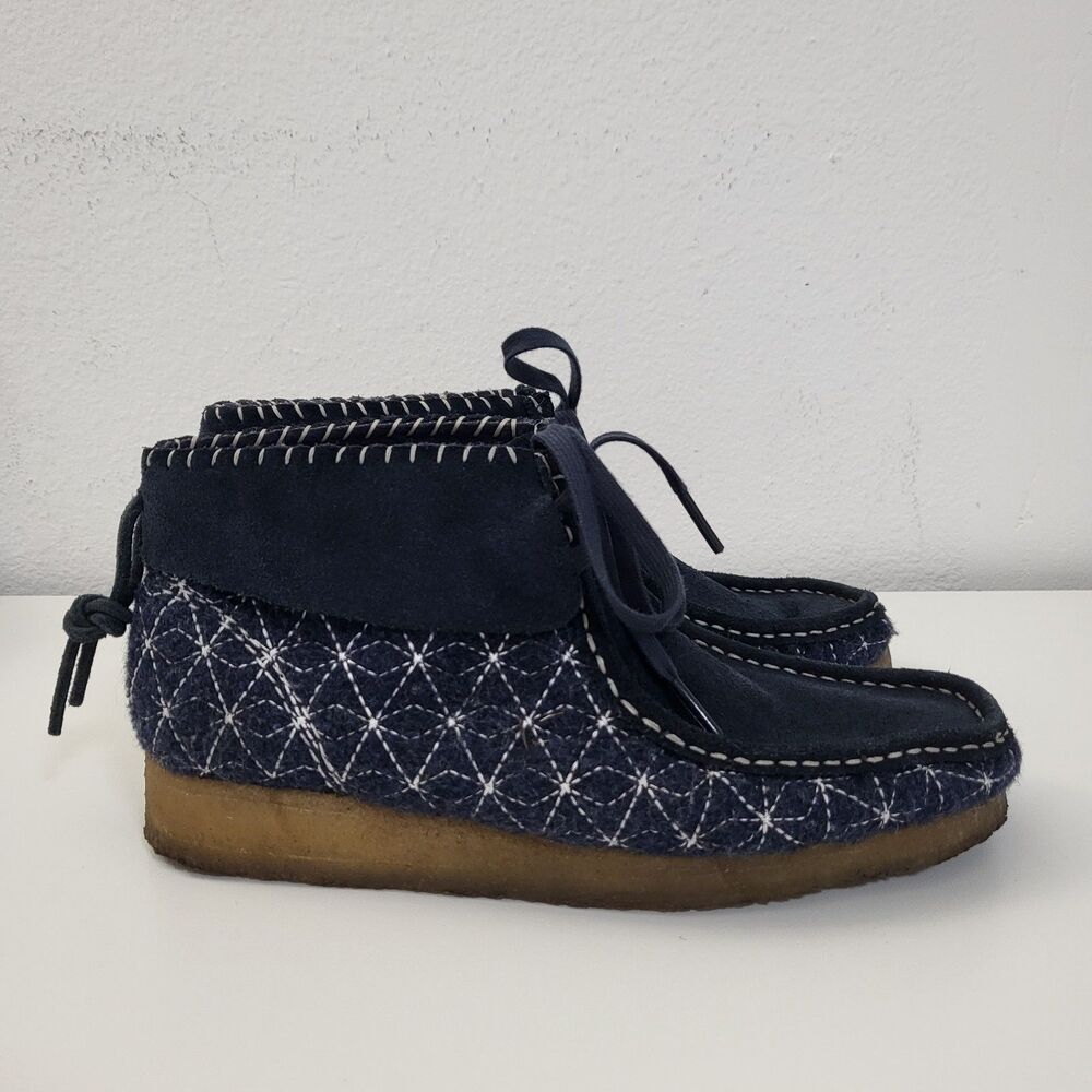 CLARKS Wallabee Boots Womens 8 Blue Suede Wool Lace Up Chukkas Anthropologie
